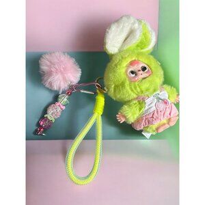 Whimsy Plush Keychain Bundle – Macaron Bunny, Pom-Poms & Beaded Charms